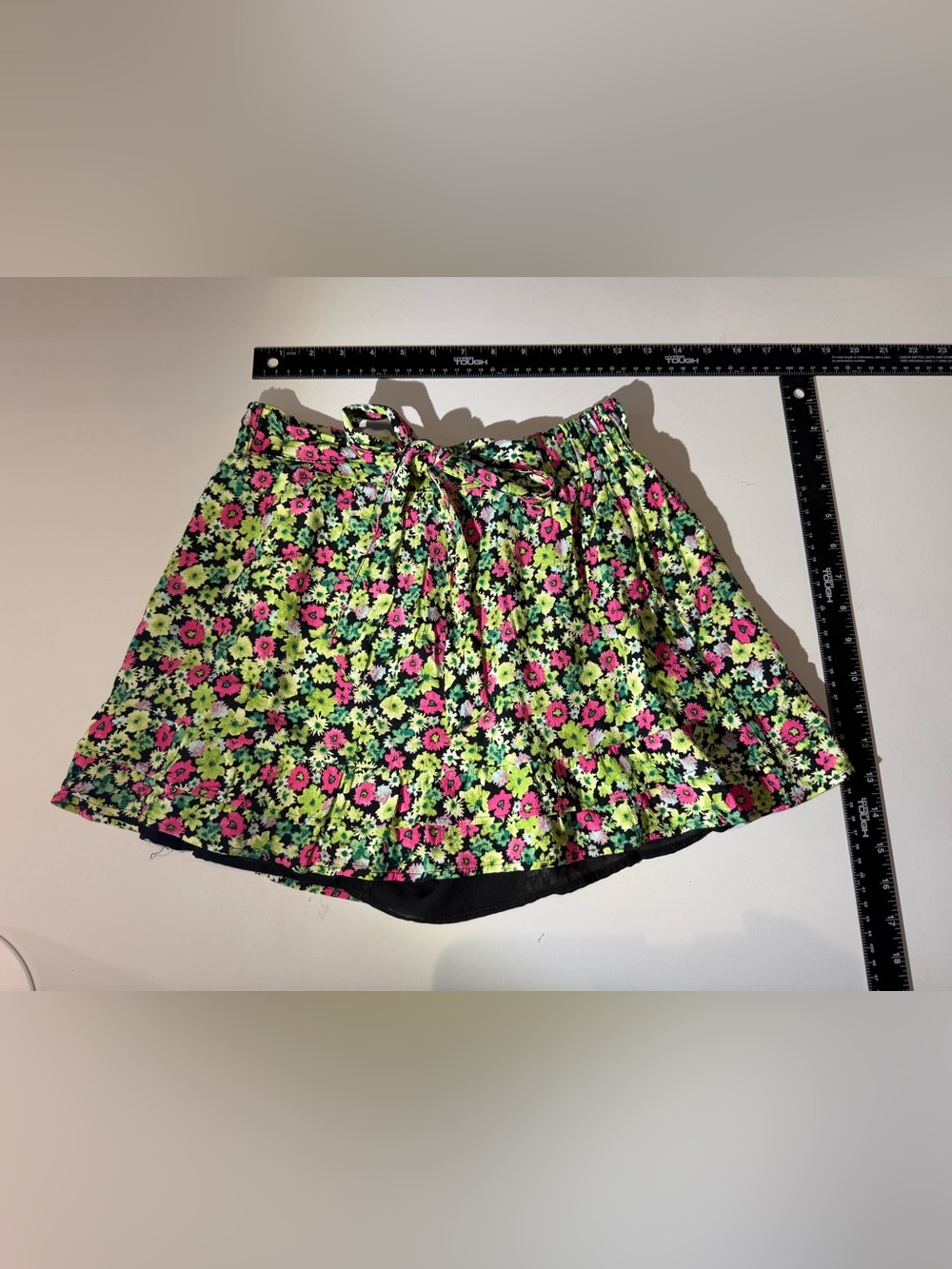 Zara Women's Neon Floral Tie-Waist Skirt attached black mesh shorts-Small